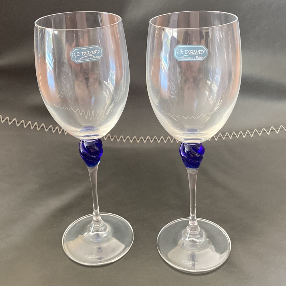 Vintage Set of 4 Cristal J.G. Durand Cobalt Blue Swirl Wine Glasses JG Crystal